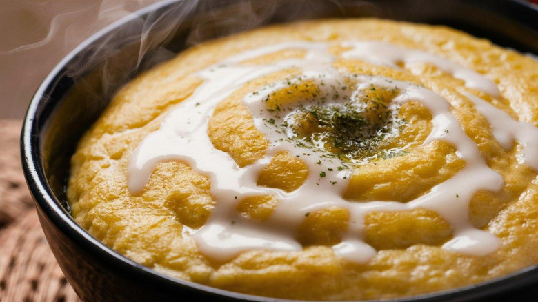 Bowl of polenta topped with drizzle of milk