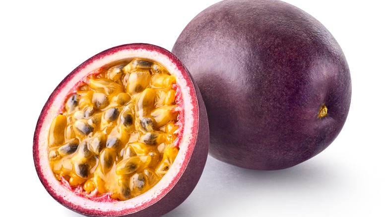 Passion fruit against white background