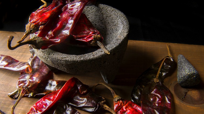 guajillo chiles in stone bowl
