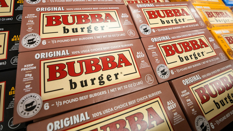 Boxes of Bubba frozen burgers grouped together.