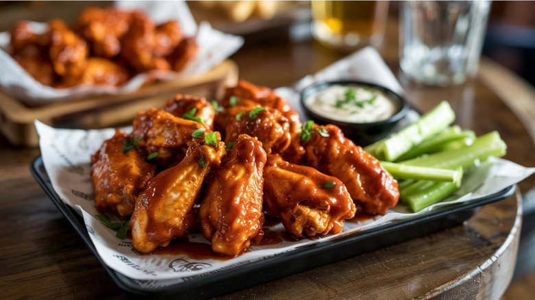 trays of chicken wings at restaurant