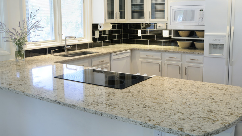 the granite countertop in a modern kitchen