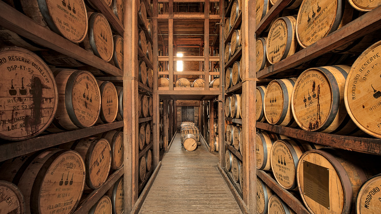 bourbon barrels aging in rickhouse