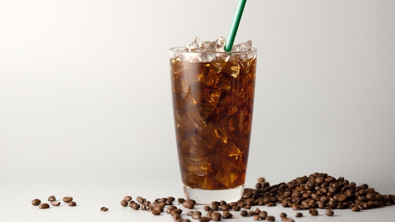 iced americano and coffee beans