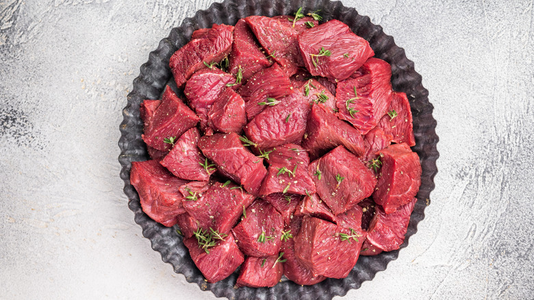 A bowl of raw diced kangaroo meat
