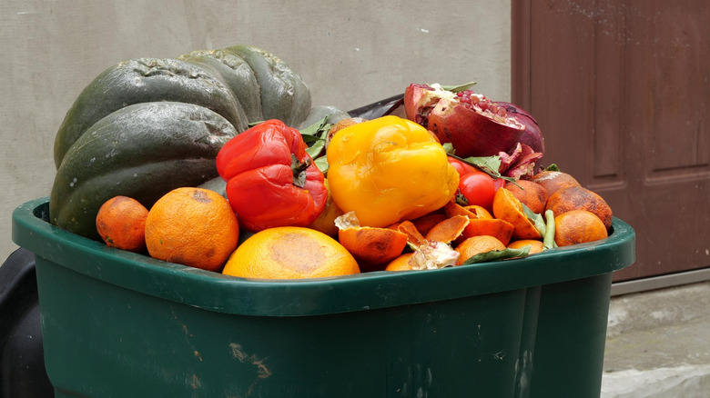 Trash can overflowing with produce