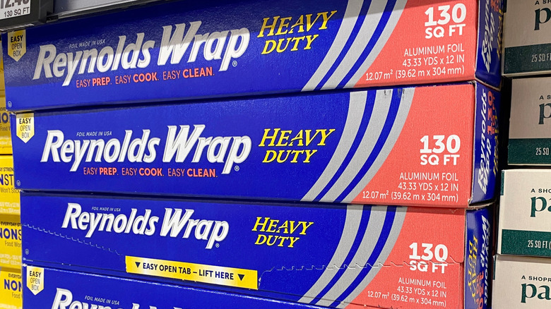 Boxes of Reynolds Wrap Heavy Duty Foil stacked vertically