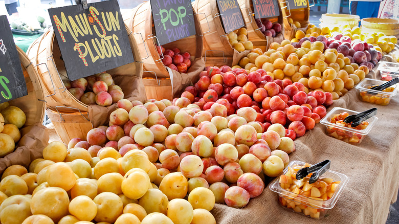 varieties of pluots on display at a farmers market