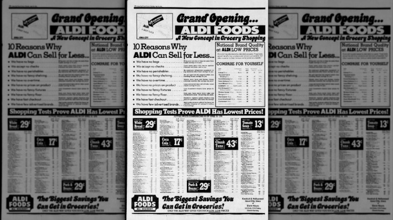 black and white photo of advertisement for the opening of a new Aldi in the 1970s in America