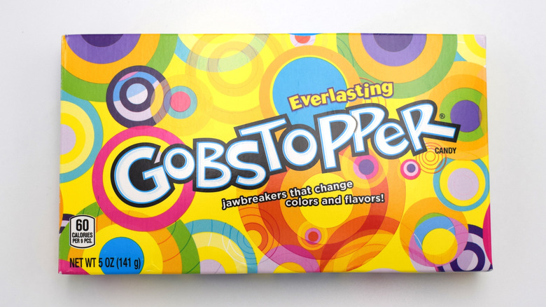 A multicolored box of Everlasting Gobstoppers that reads "jawbreakers that change colors and flavors."