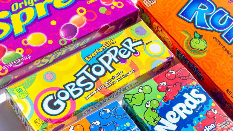 A variety of candy boxes including Nerds, Spree, Runts, and Everlasting Gobstopper