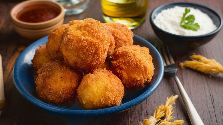 fried fish balls with sauces