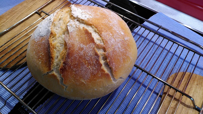 unscored sourdough bread with uneven slashes