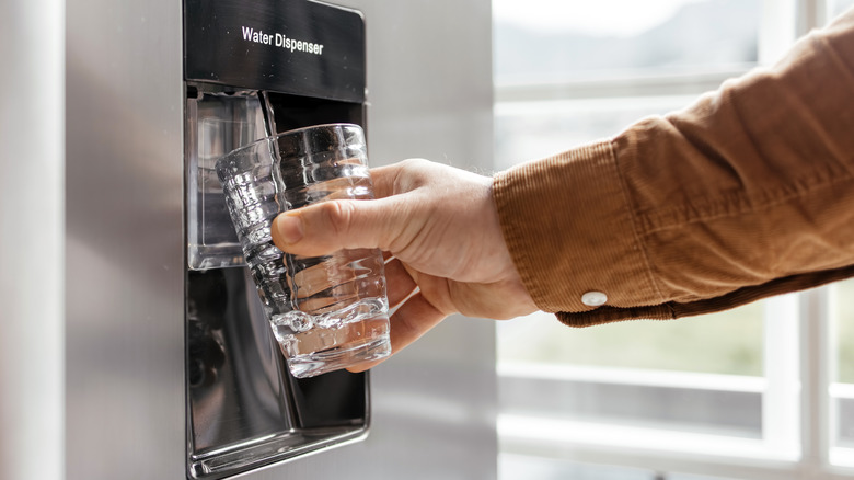 a hand holds a glass to a water dispenser from a refrigerator door