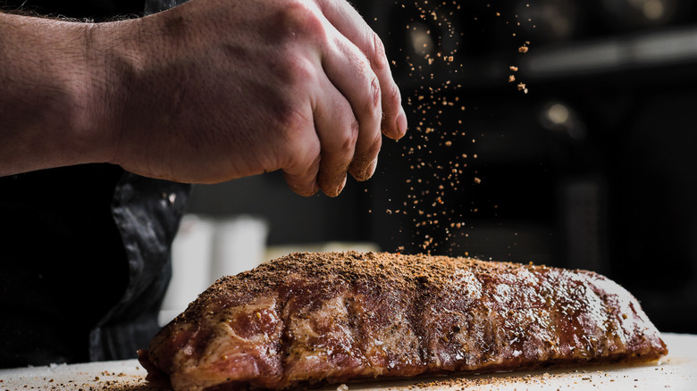 hand sprinkling seasoning on bbq meat