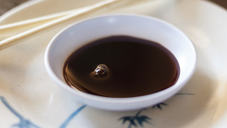 soy sauce in dish 