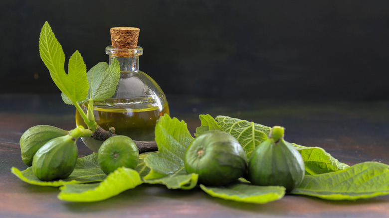 Figs and fig leaves next to a bottle of oil
