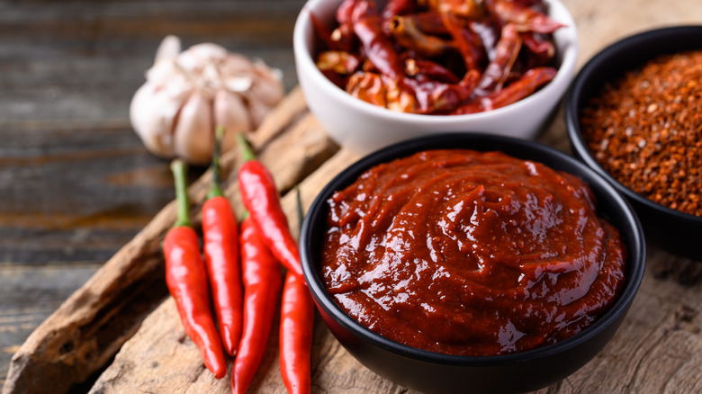 Gochujang in bowl surrounded by fresh, dried, and ground chile peppers and garlic