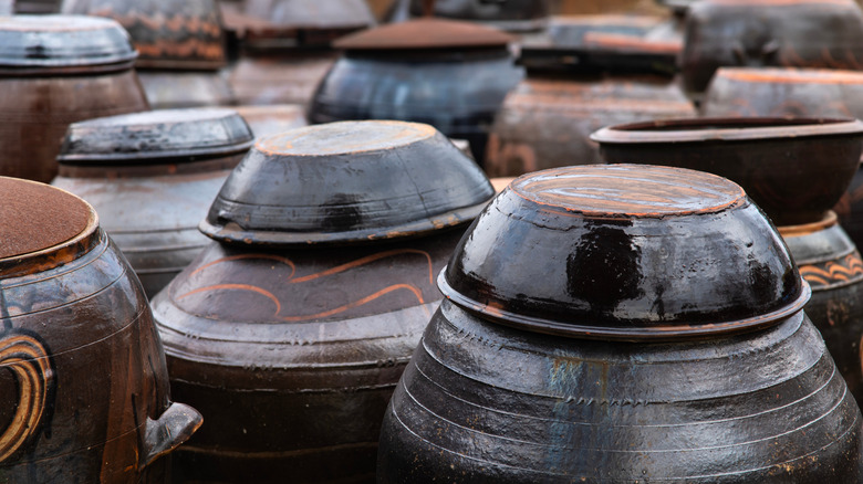 Large Korean fermenting pots outdoors