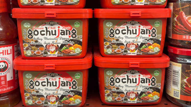 Gochujang and other condiments on a shelf