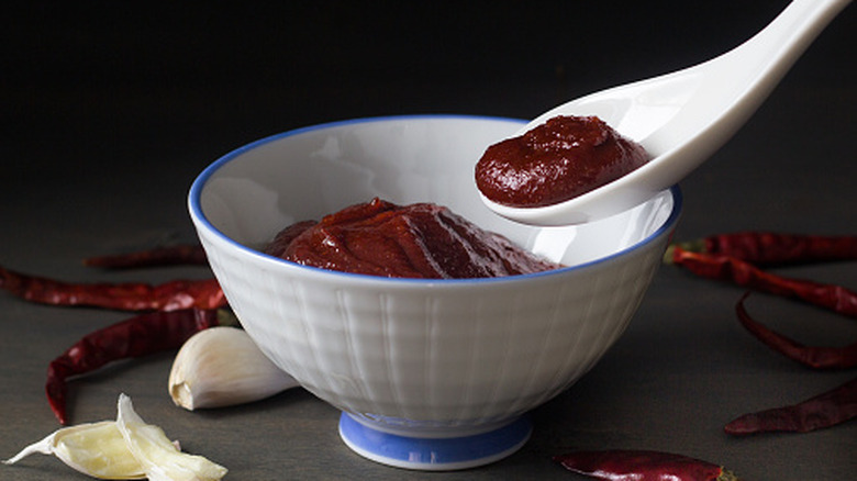 Gochujang in a white bowl and in a soup spoon with garlic and dried chile peppers surrounding it