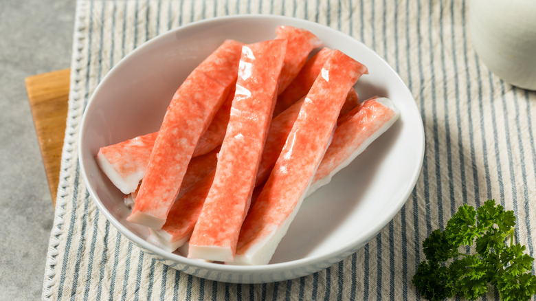 Imitation crab stick in white bowl