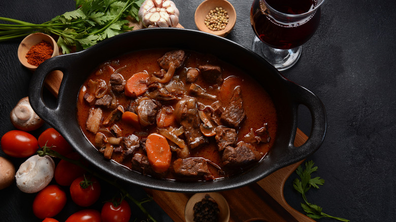 Beef bourguignon in cast-iron casserole