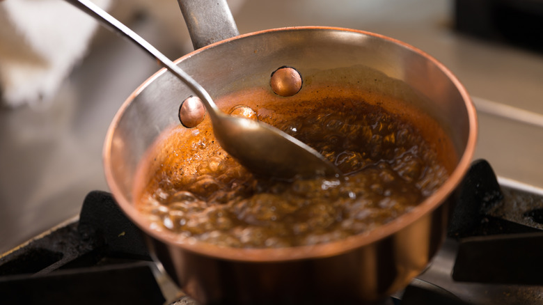 Pot of boiling caramel