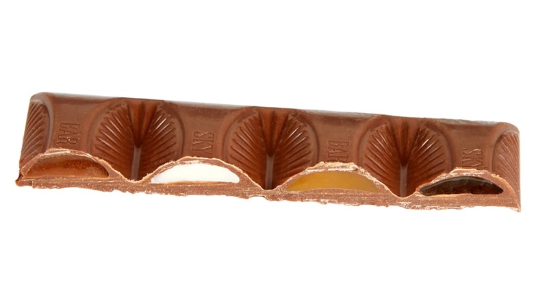 Sky Bar chocolate bar without wrapper against a white background