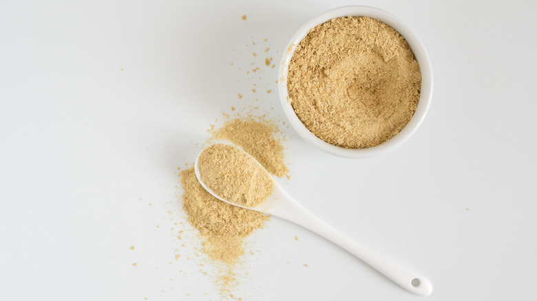white spoon and bowl of nutritional yeast
