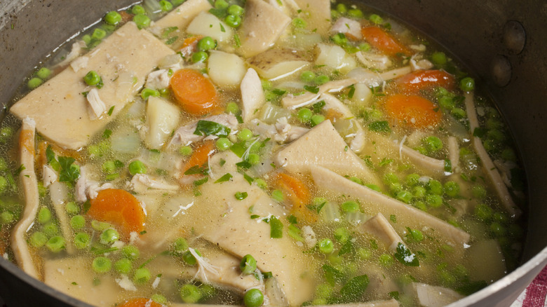Pennsylvania Dutch pot pie in metal pot