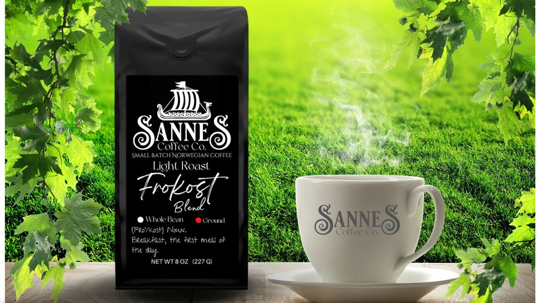 Sannes Coffee Co. bag of grounds with tea cup next to it