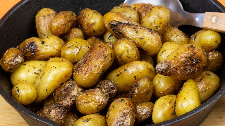 A skillet of roast baby potatoes