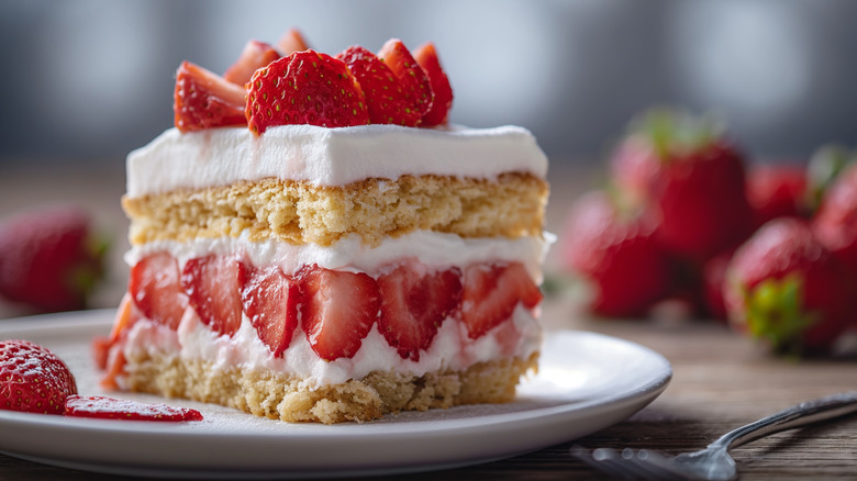 Closeup of strawberry shortcake layered with whipped cream and fruit
