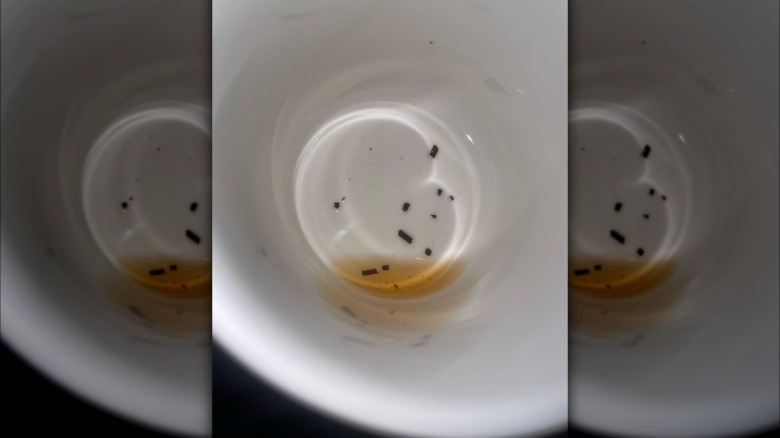 small, dark, irregularly sized bits in the bottom of a white glass with a bit of Poppi soda