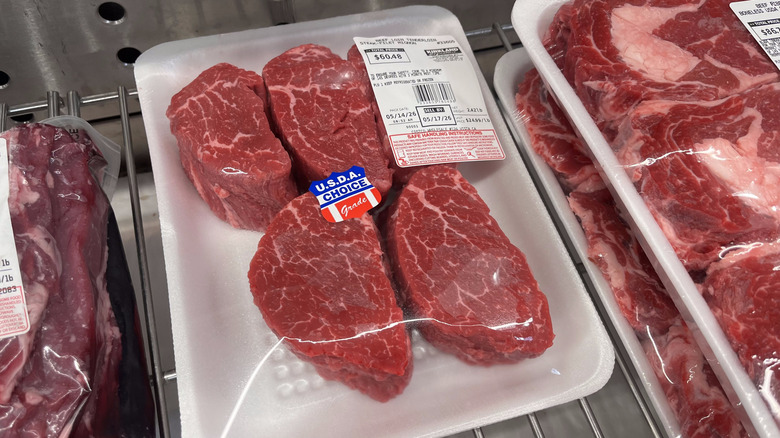 Steak in a refrigerator case at a Costco location in the United States