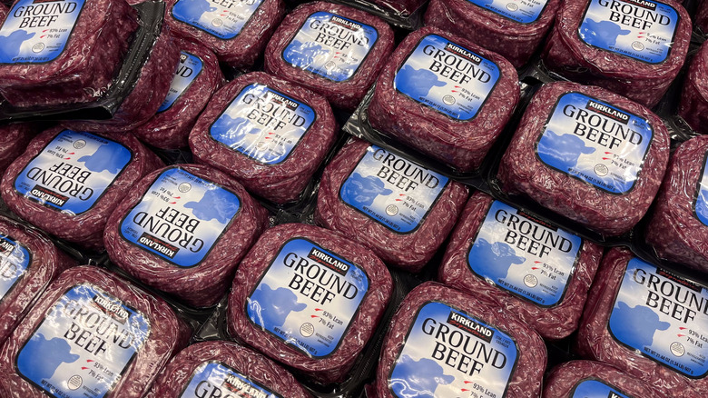 Ground beef in a Costco refrigeration bin