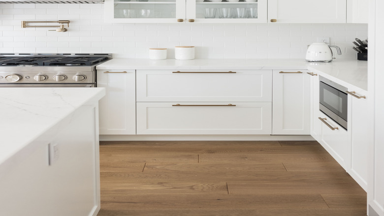Closeup of sleek white kitchen with simple shaker cabinets