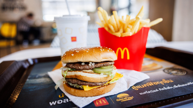 Big Mac with fries on tray at mcdonald's