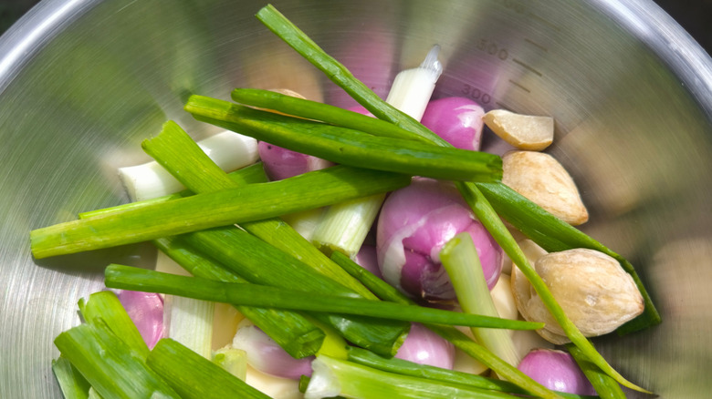 The metal mixing bowl full of green onions, shallots, and other ingredients