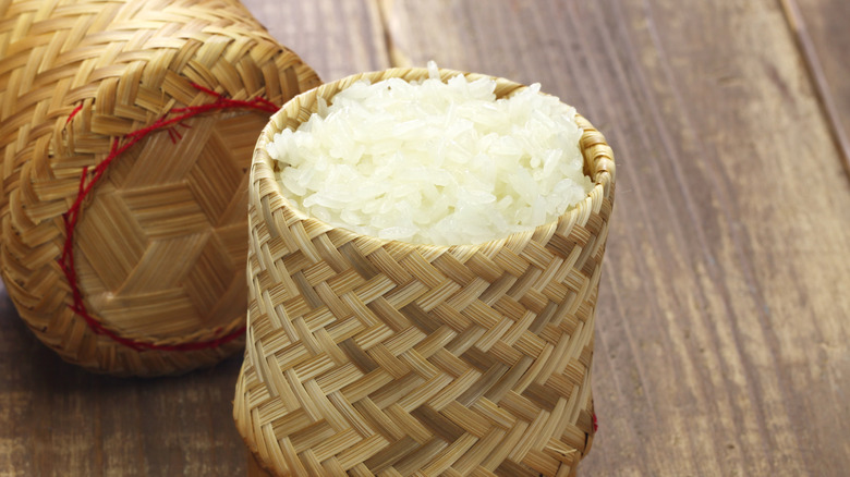 sticky rice in bamboo steamer