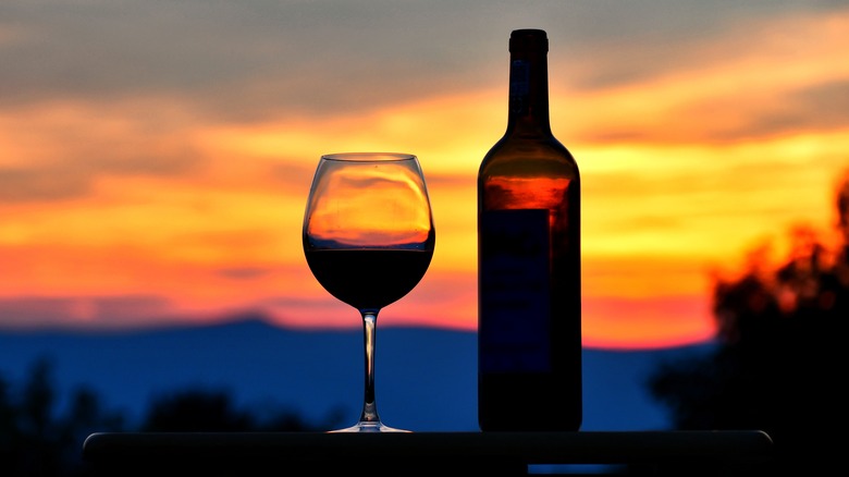 Wine glass and bottle set against Virginia sunset