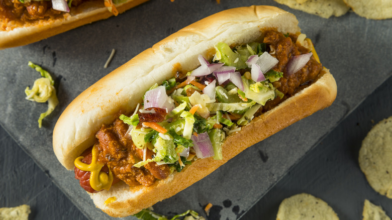 Hot dog with chili, mustard, slaw, and onions.
