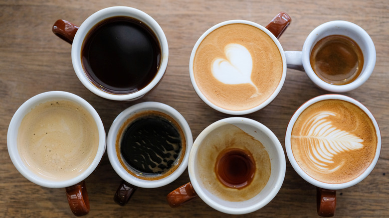 overhead view of different coffee drinks