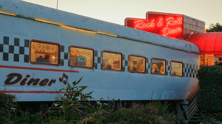 Exterior photo of a train-car-style diner