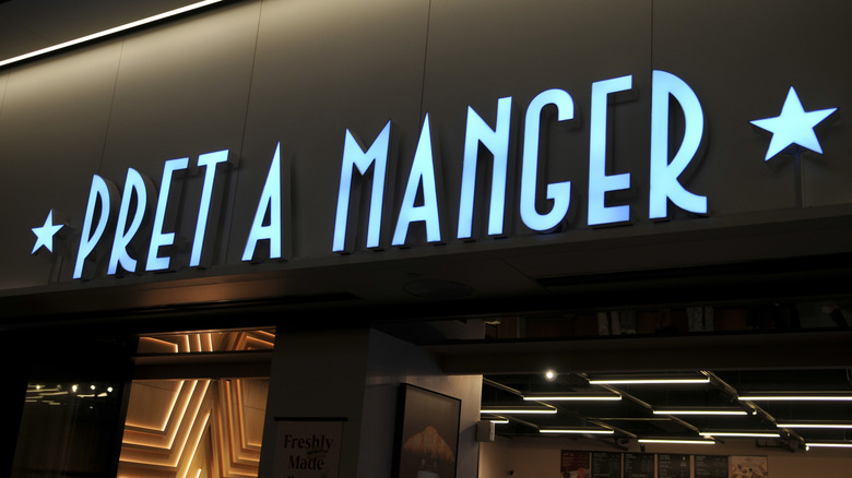 Pret A Manger cafe neon sign inside Penn station railroad station in Manhattan New York city