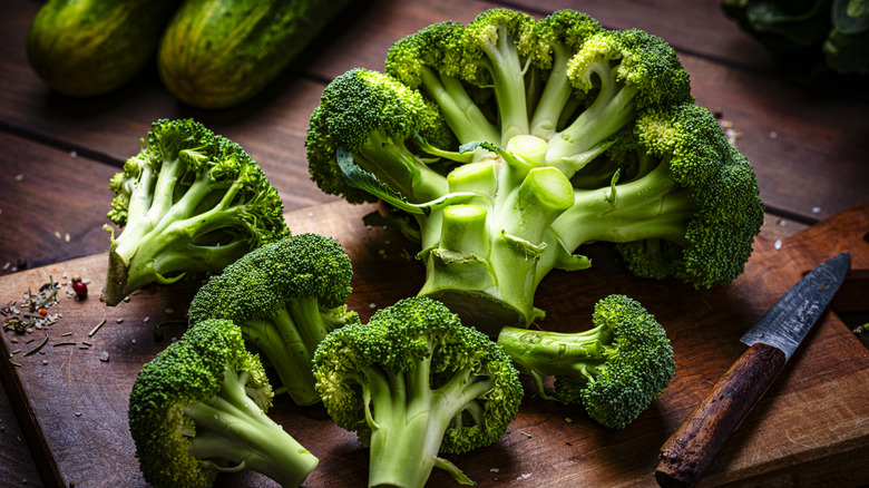 Sliced organic broccoli on the kitchen table