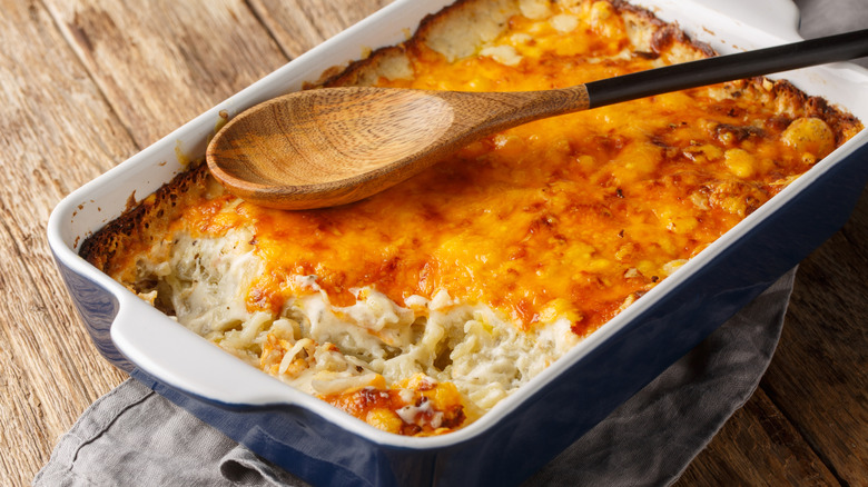 A casserole dish holds a breakfast casserole