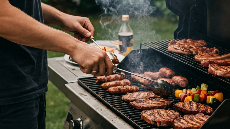 A person uses tongs to adjust grilling meat on an outdoor grill with burgers, meat, and vegetable skewers on it.