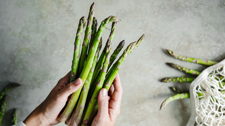 woman holding fresh asparagus